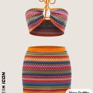 Geo Print Contrast Binding Tie Backless Crop Halter Top & Skirt